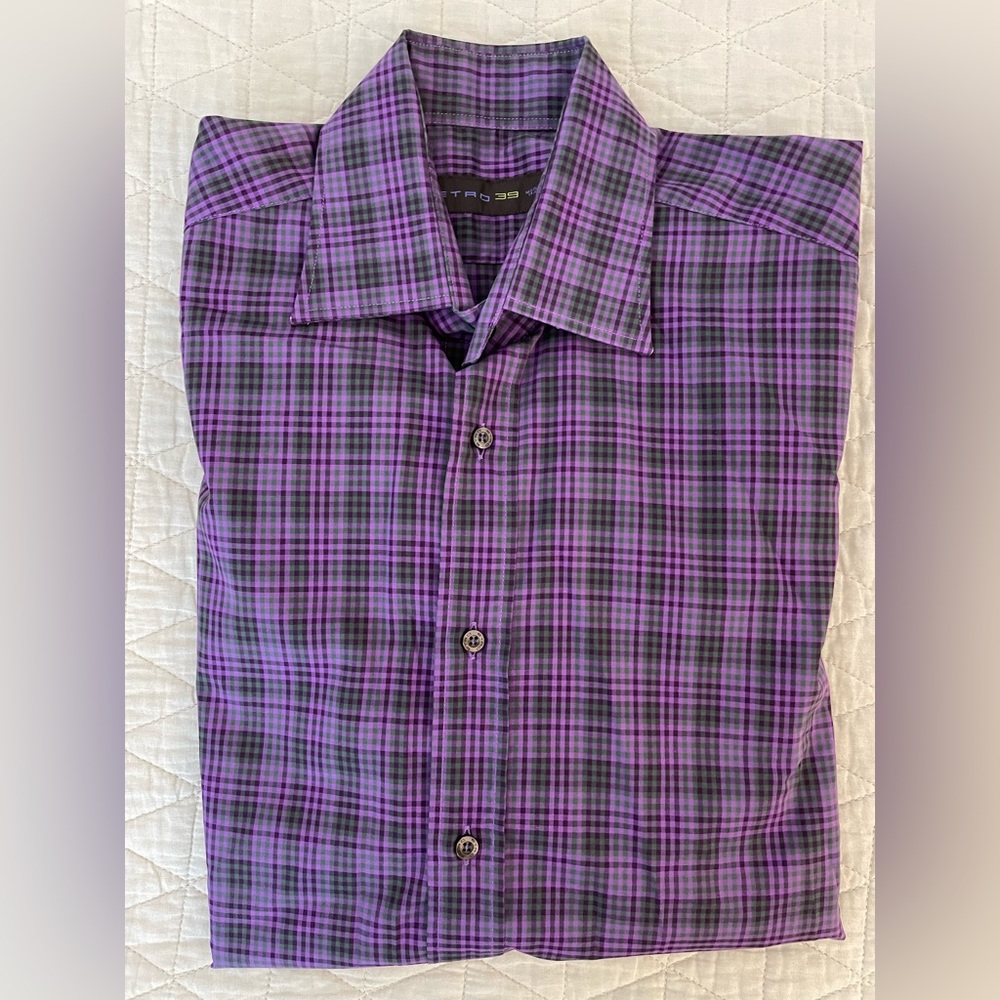 ETRO made in italy Check Print Spread Collar‎ Sport Shirt in Purple Size 39 $450